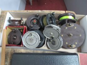 Three J W Young Centrepin Reels, two Beaudex, 3.5" diameter Fly Reels, both having damage to spool