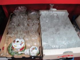 A Suite of Drinking Glasses, two decanters other glass, ceramics:- Two Boxes.