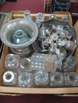 A large collection of glass decanters some with stoppers together with a silver plate punch bowl set