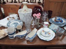 Ruby Glass Goblet, sundae glasses, cut glass vases, conch shell, blue and white dinnerware,