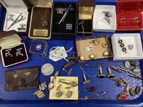 Cufflinks, including EIIR The Fire Service College, tie slides, Victorian threepenny (1900) as a