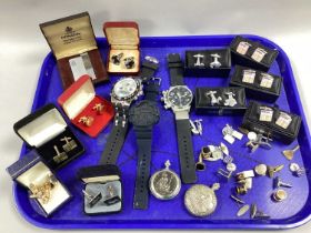 Modern Large Gent's Wristwatches, Ronson lighter in original box, assorted cufflinks, antique