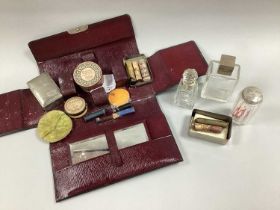 Vintage Ladies Toiletry Case, fitted with mirror and rectangular boxes, containing vintage makeup;