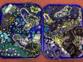 A Mixed Lot of Assorted Costume Jewellery, in hues of green and blue :- Two Trays