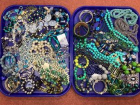 A Mixed Lot of Assorted Costume Jewellery, in hues of green and blue :- Two Trays