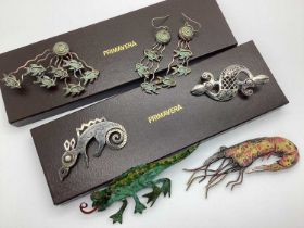 XX Century Hand Made Designer Brooches, shrimp and iguana; together with hand made designer fish