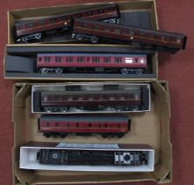 Six 'O' Gauge/7mm BR Maroon Mark One Mainline Coaches, four by Aquitrain (easi build), one by MTH,