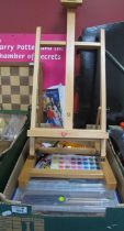 Daler Rowney easel, quantity of acrylic paints, watercolours and pencils.