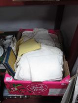 Vintage Linen Tablecloths, doilies, napkins etc :- One box.