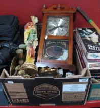 Highlands wall clock, brassware etc :- One box.