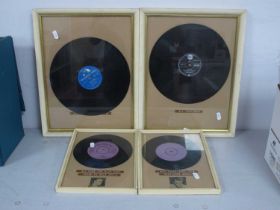 Four Framed Elvis Presley Records, Paralyzed (HMV 45POP378), All Shook Up (HMV 45POP359), Teddy Bear