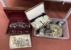 Assorted Plated Cutlery, a hallmarked silver fork and teaspoon, cased part canteen, oval plated
