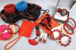 Oriental Style Costume Jewellery, including assorted bangles, bead bracelets, fan necklace, drop