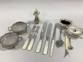 Pair of Plated Glass Lined Dishes, together with pair of decorative mother of pearl handled knives