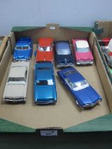 Seven Plastic, White Metal Model Cars, approximately 1:24th in scale, all with an American Theme,