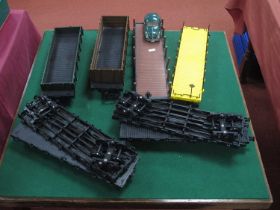 Eight "G" Gauge Items of Bogie Unboxed Rolling Stock, comprising two ore wagons and six post