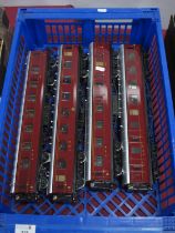 Four 'O' Gauge/7mm Kit Built L.M.S Maroon Eight Wheel Bogie Coaches; two x 3rd/brake, full 3rd and