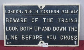 L.N.E.R "Beware of The Trains" Cast Iron Sign; renovated paintwork, approximately 22 x 125 inches