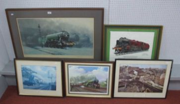 Five framed prints all with Locomotive and Railway themes including The Scotsman '34 graphite signed