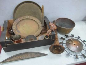 Kienzle Wall Clock, Art Nouveau brass oval tray, circular tray, copper horn in wicker holder,