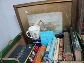 AA Badge, Bohemia photograph frames, a ceramic mug, books, etc:- One Box. Ramsay, Kellogs Toasted