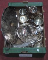 Claret Jug, plated tray, plated tea service, pewter mugs, etc:- One Box.