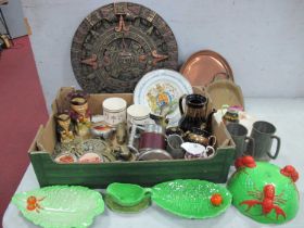 Salad Dishes, character jugs, other ceramics, horse brasses, copper tray, brass crumb tray, etc:-