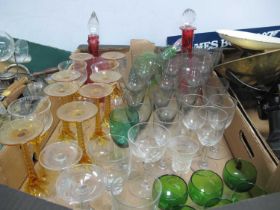 Cranberry and Green Glass Decanters. Dinking glasses.