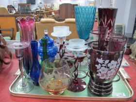 Mottled Glass Fish, 46cm long, candlesticks, coloured glassware:- One Tray.