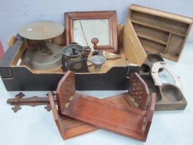 Kenrick Coffee Grinder, book troughs, sheep shears, mirror, wooden change holder, etc:- One Box