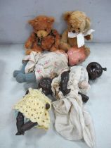 Two Composition Black Baby Dolls, another white Merrythought, and Harrods Teddy Bears.