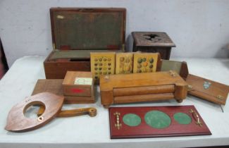 XIX Century Mahogany Writing Slope, with lower side drawer, oak lectern, pokerwork carved box, etc:-