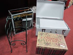 Three Graduated Tin Cases, Christmas Eve box, wine rack, paper shreader, (untested sold for parts