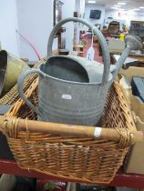 Galvanized Watering Can Stamped Apex, cane basket watering can with dents, misshapen nozzle, no