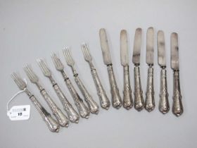 A Set of Six Victorian Hallmarked Silver Dessert Knives and Forks, George Adams, London 1866, the