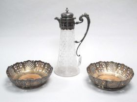 A Decorative Plated Mounted Etched Glass Claret Jug, with scroll handle, 28cm high; A Pair of XIX