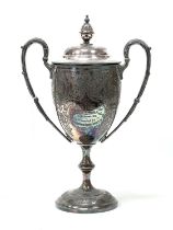 A Walker & Hall Plated Twin Handled Lidded Trophy Cup, of tapering form with twin leaf capped high