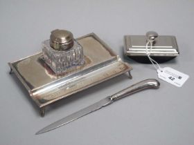 A Hallmarked Silver Ink Stand, SPCo, London 1986, of plain rectangular form with reeded edge,