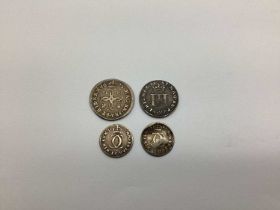 Four XVII Century GB Silver Coins, including a 1687 James II Threepence, 1679 Charles II Groat, 1675