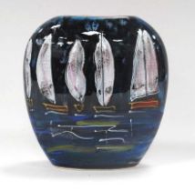 An Anita Harris Pottery Purse Vase, decorated with the 'Yacht' pattern in reactive glazes, gold