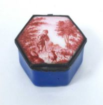 An XVIII Century Bilston Type Enamel Patch Box, of hexagonal form painted in puce with a shepherd