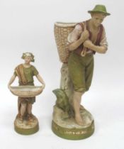 A Royal Dux Pottery Model of a Gentleman Carrying a Basket, circular base, pink triangle mark, shape