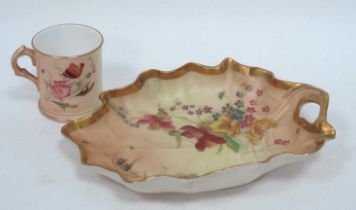 A Royal Worcester Porcelain Blush Ivory Leaf Shaped Dish, printed and painted with floral sprays,