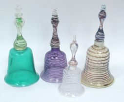 A Victorian Green Glass Bell, with Nailsea style green and white handle, 27cm high, an amethyst