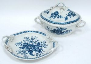 A Caughley Porcelain Tureen, Cover and Stand, of lobed oval form and applied twig loop handles,