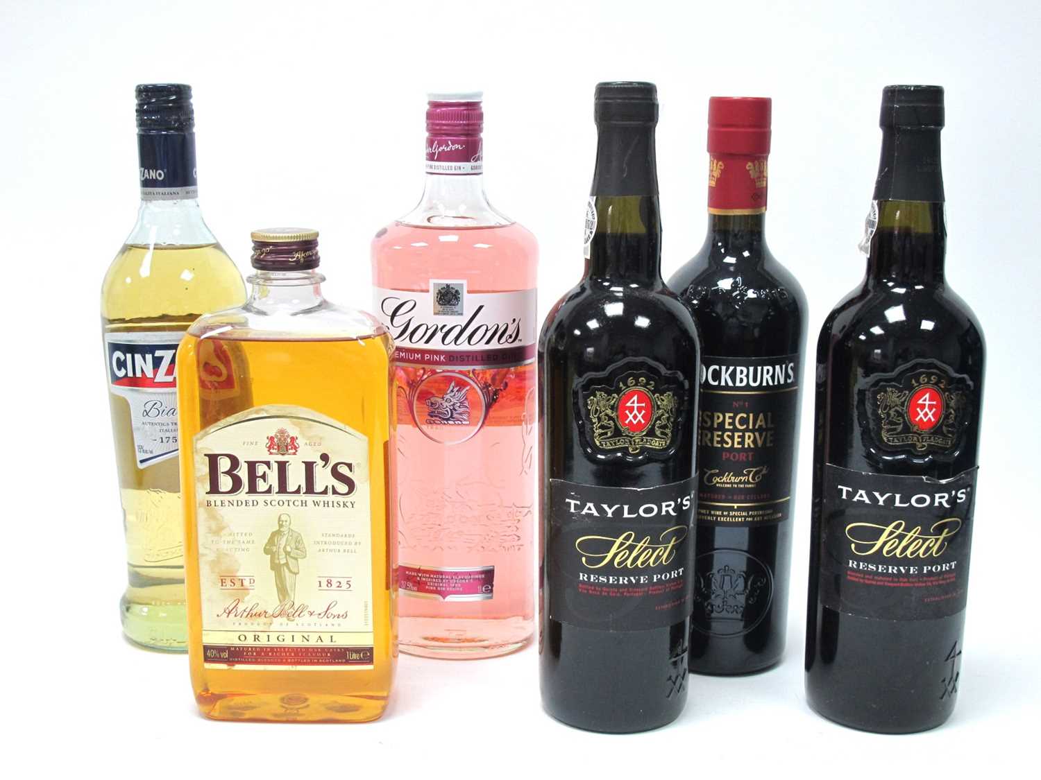 Spirits - Cockburn's & Taylors Reserve Ports, (3 bottles); Bell's Whisky, 1 litre; Gordon's Pink