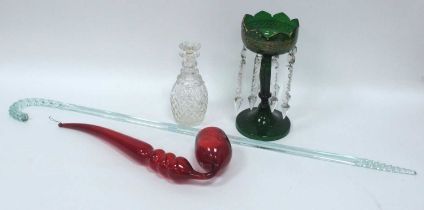 A Victorian Cranberry Glass Pipe, with three knopped stem, 44cm long, a green table lustre hung with