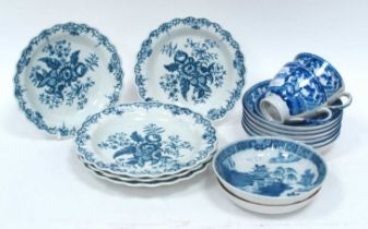 Five Worcester Porcelain Dishes, painted in blue with fruit and flowers within scrolling borders,