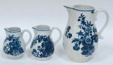 Three Caughley Porcelain Sparrow Beak Jugs, painted in underglaze blue with floral sprays,