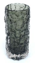 A Whitefriars Geoffrey Baxter Textured Bark Cylindrical Vase, in pewter colourway, 18.5cm high.